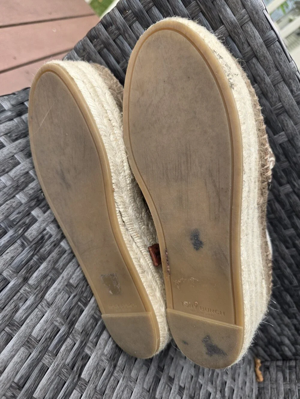 Tory Burch T-Monogram Espadrille Wedge Platform Ankle Tie Logo Brown Canvas Sz 8